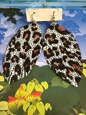 Leopard Print Leather Leaf Earrings - Black, White & Brown